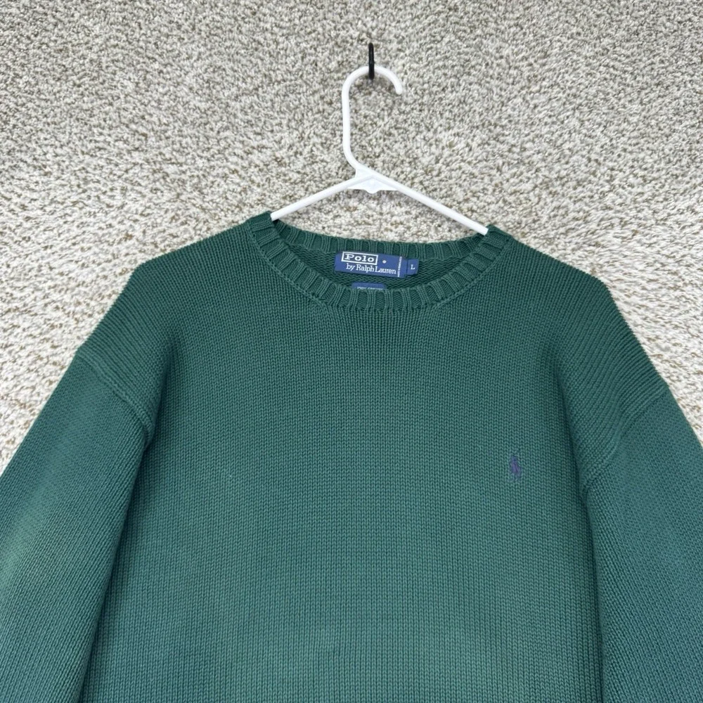 Polo Ralph Lauren Sweater Mens L Green Cotton Knit Crew Pullover Chunky‎ Heavy